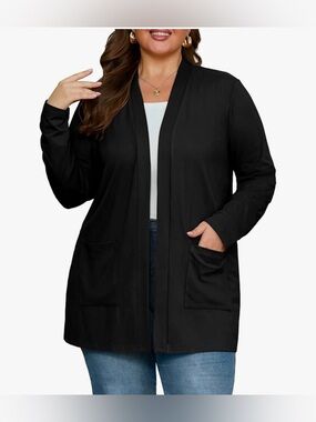 Plus Size Open Front Dark Green Cardigan with Pockets
